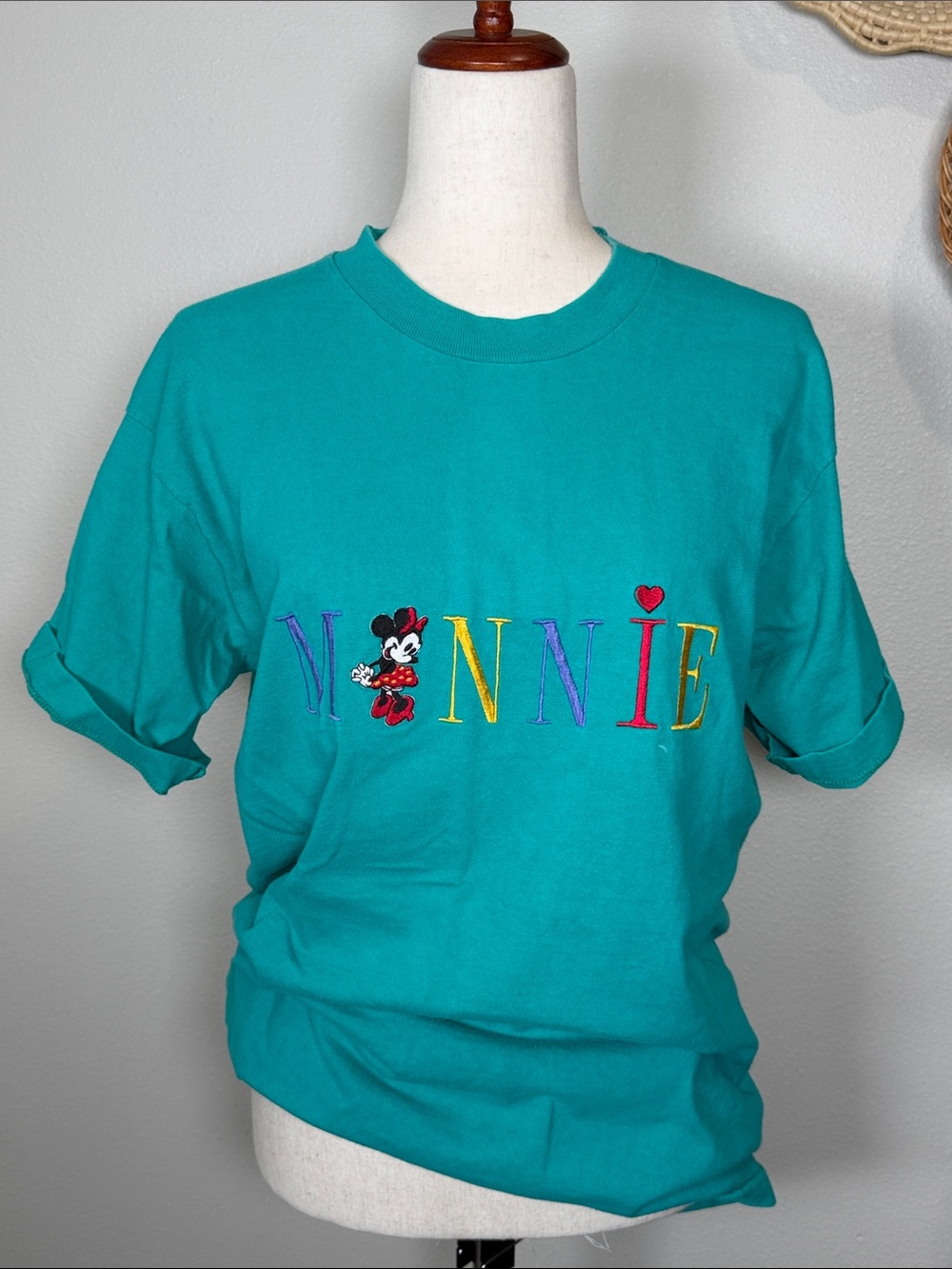 Vtg MINNIE MOUSE 90s embroidered MICKEY & CO T-shirt Large Walt Disney USA Teal